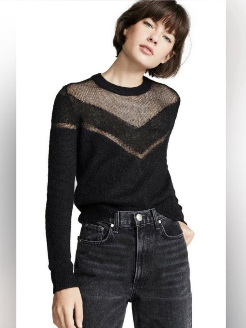 Rag & Bone Black Sheer Chevron Yoke Crew Sweater